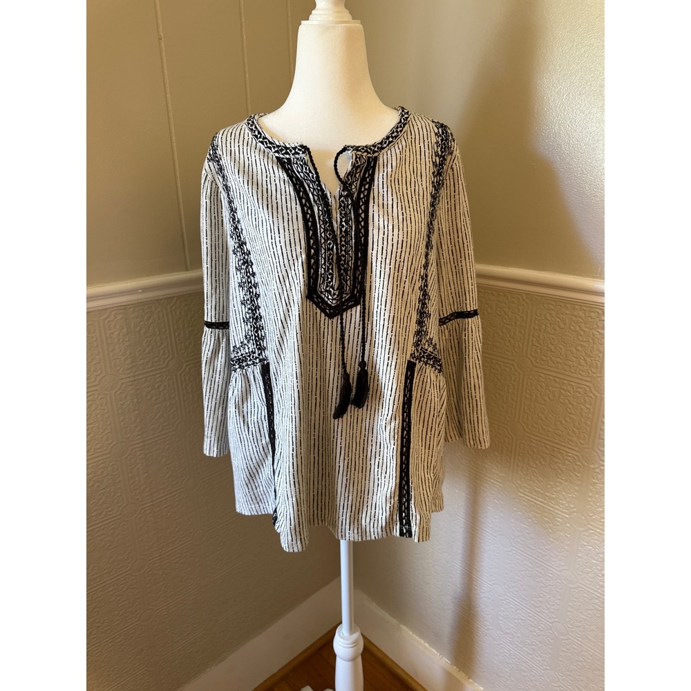 Style & Co Womens Medium Embroidered Peasant Blouse Black White Tassel Top